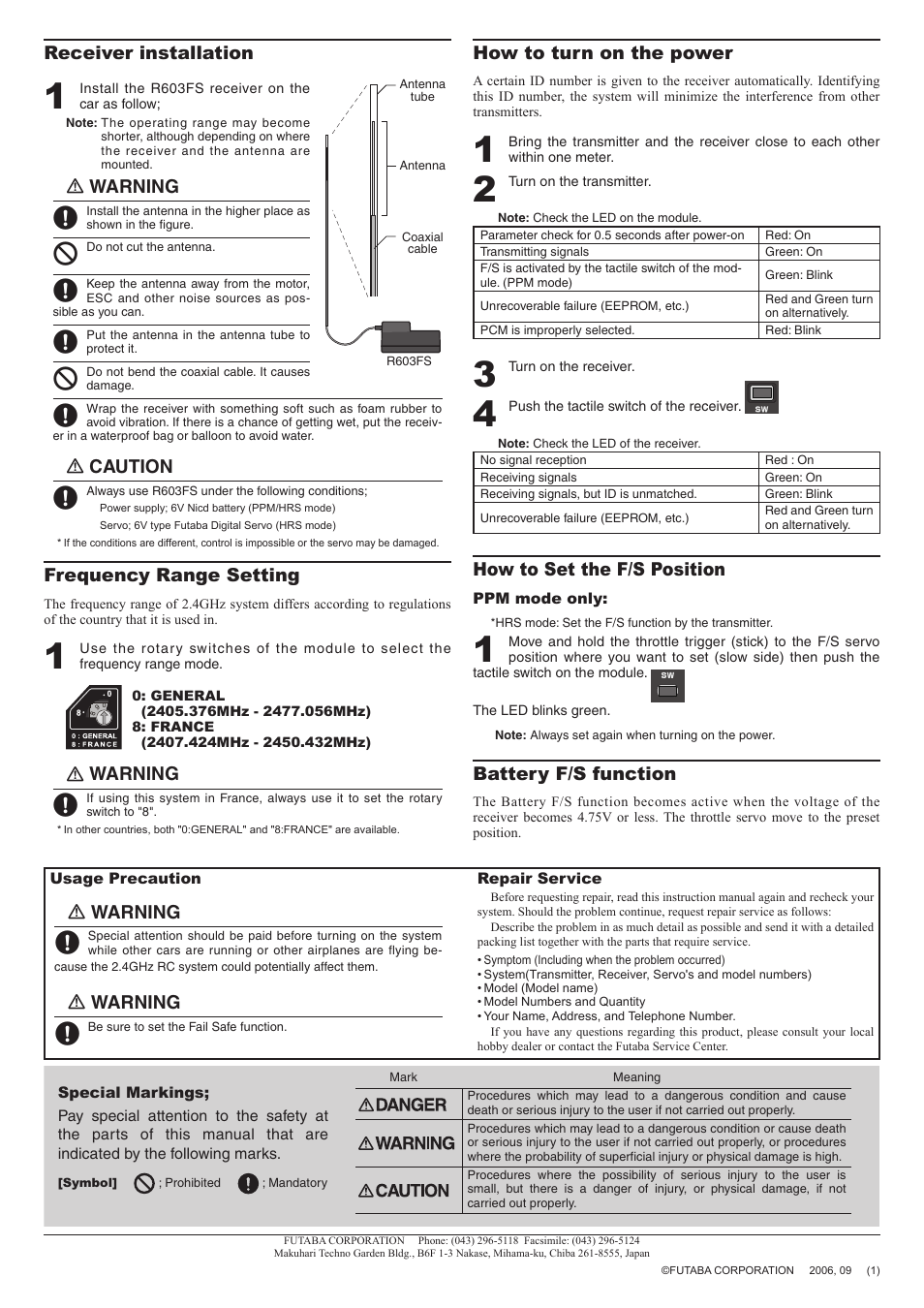 Warning, Receiver installation, Caution | Frequency range setting, How to turn on the power, How to set the f/s position, Battery f/s function | Futaba 3PK 2.4GHz User Manual | Page 2 / 2