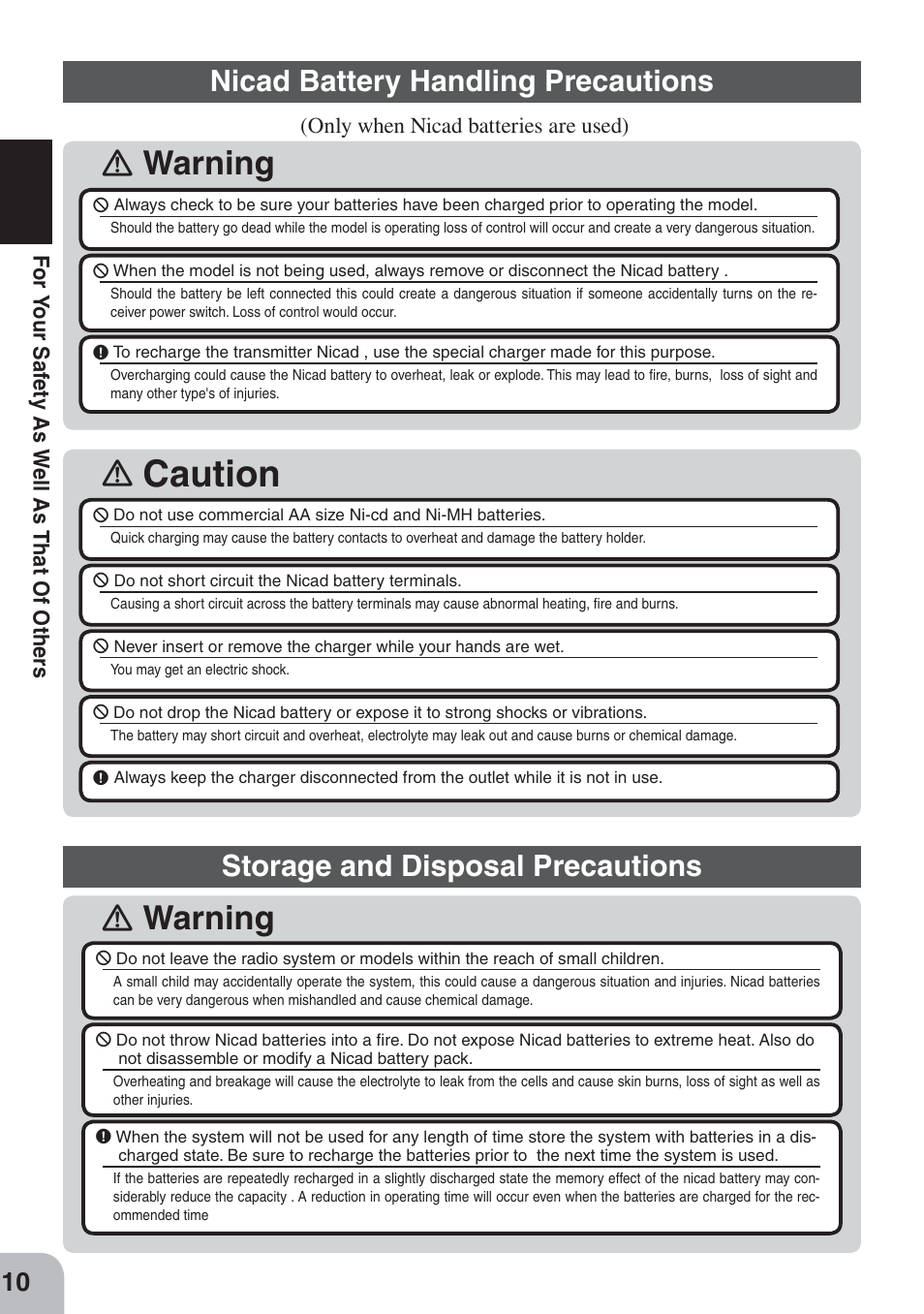 Caution, Ｉ warning, Nicad battery handling precautions | Storage and disposal precautions | Futaba 3PKS User Manual | Page 10 / 116
