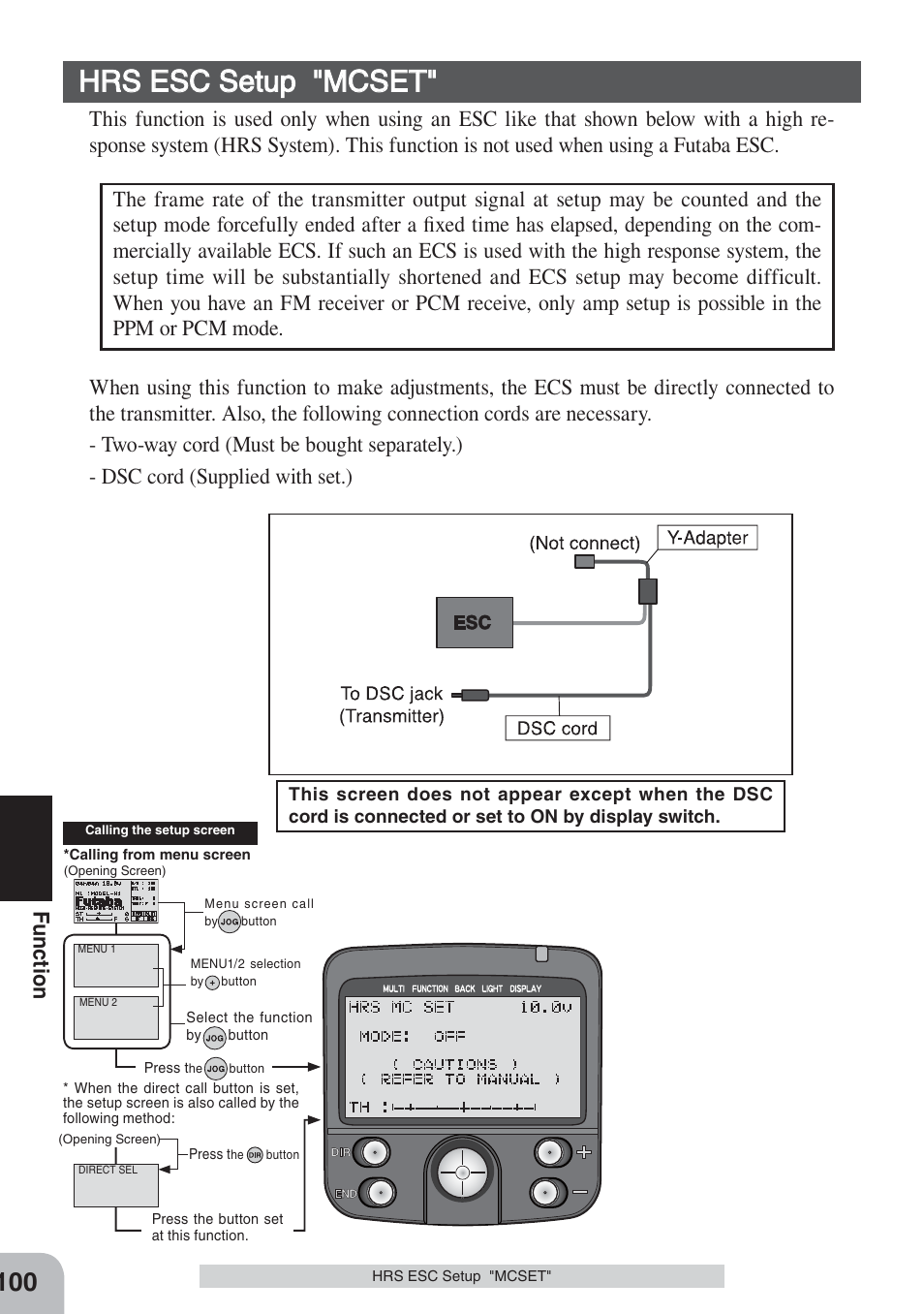 Hrs esc setup "mcset, Fu nction | Futaba 3PKS User Manual | Page 100 / 116