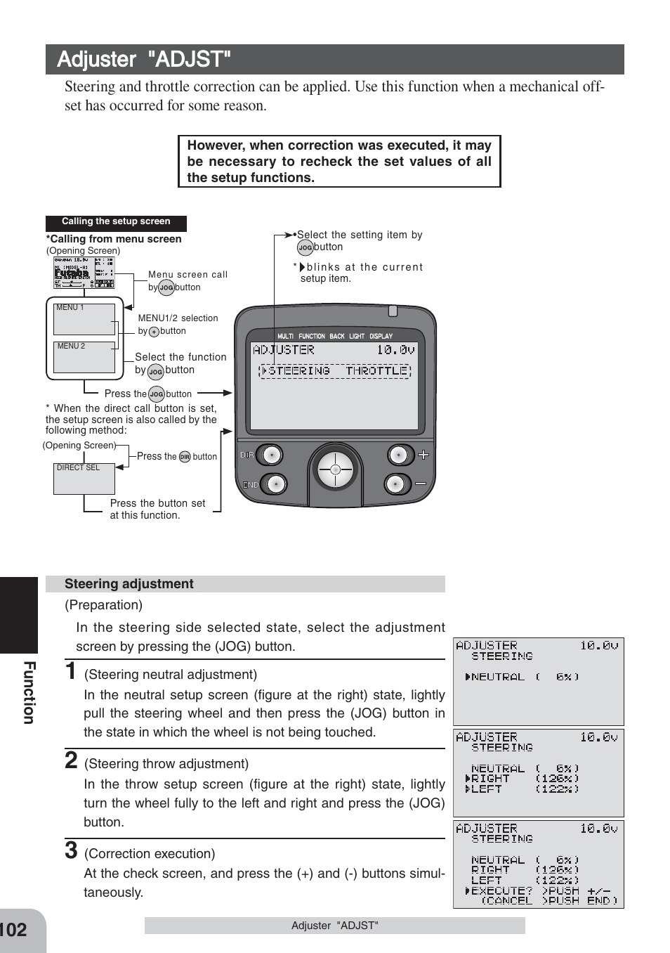 Adjuster "adjst, Fu nction | Futaba 3PKS User Manual | Page 102 / 116