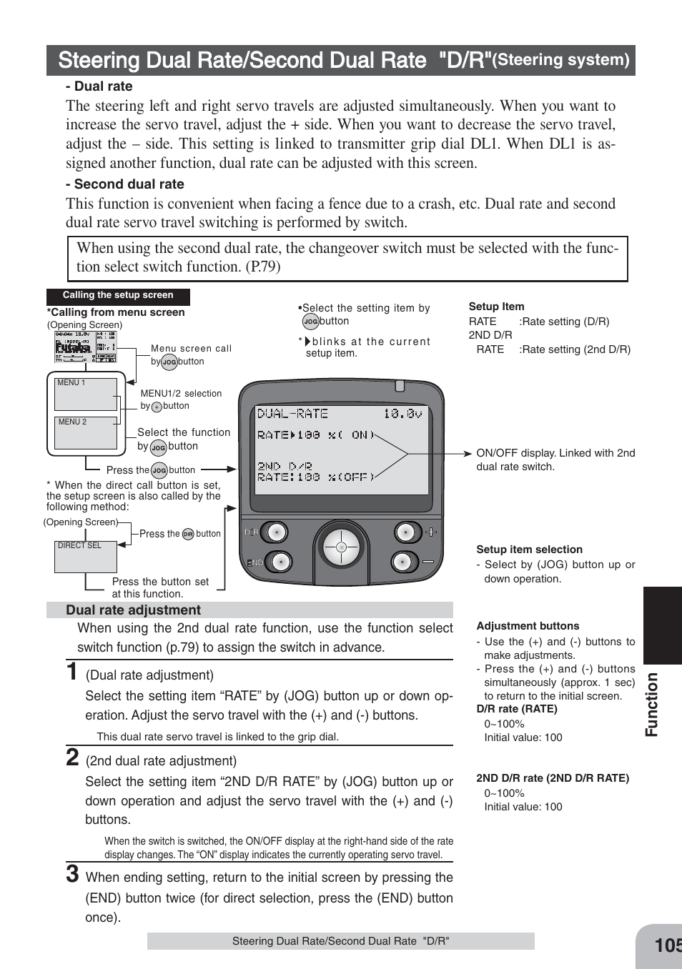 Steering dual rate/second dual rate "d/r, Fu nction, Steering system) | Futaba 3PKS User Manual | Page 105 / 116