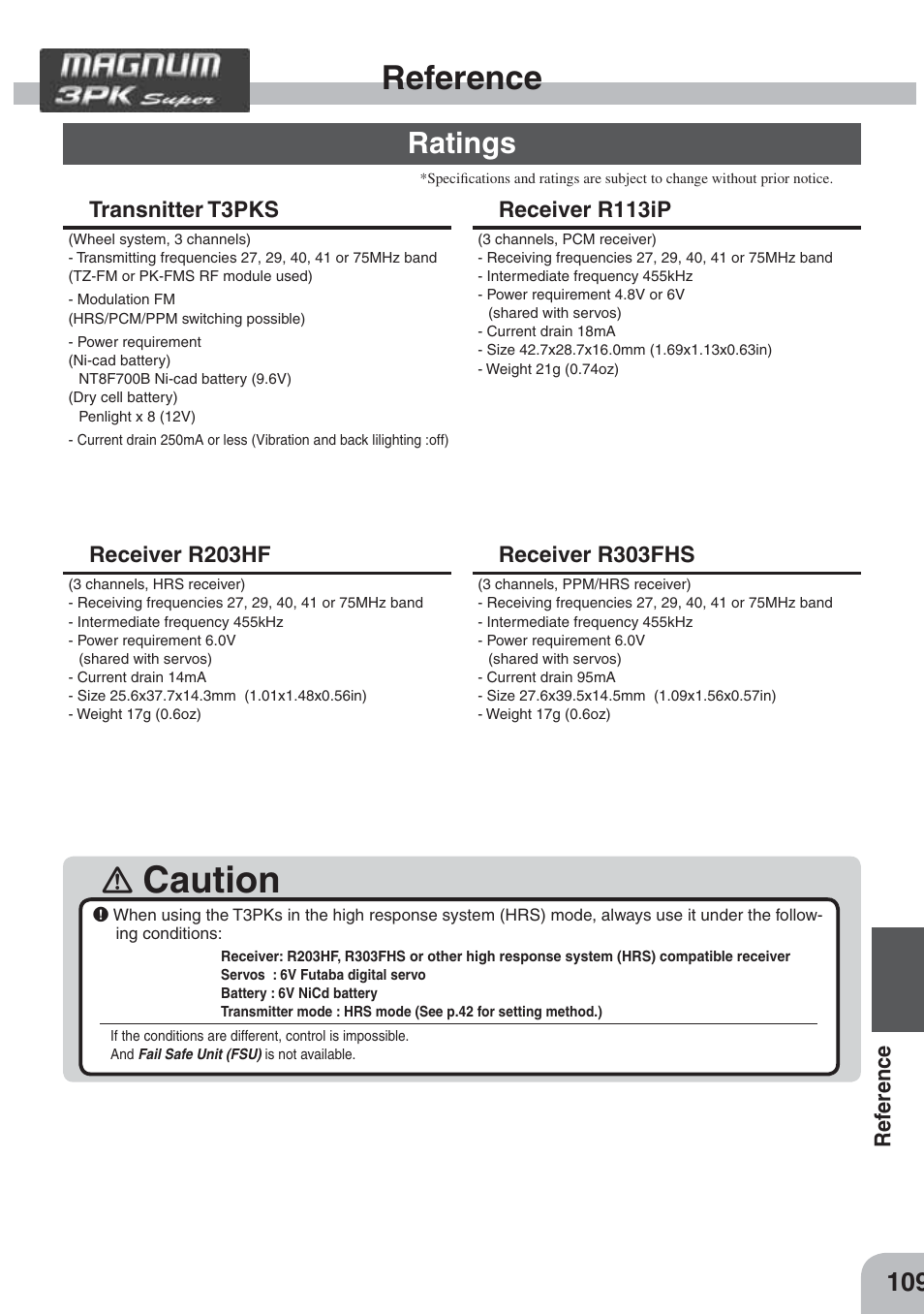 Caution, Reference, Ratings | Refer e nce, Transnitter t3pks, Receiver r113ip, Receiver r203hf, Receiver r303fhs | Futaba 3PKS User Manual | Page 109 / 116