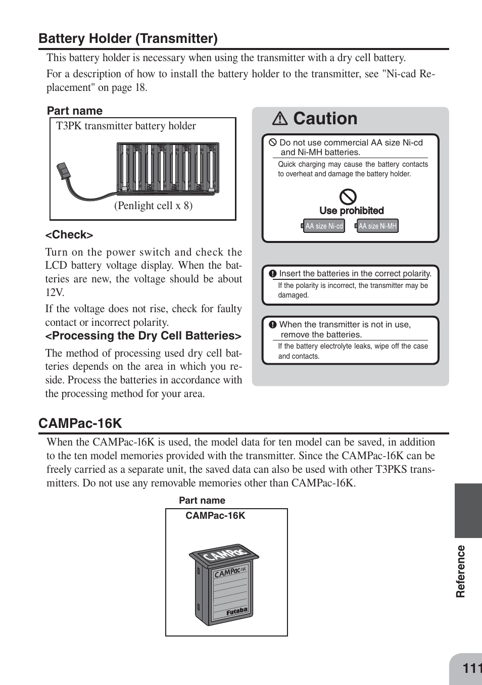 Ｉ caution, Battery holder (transmitter), Campac-16k | Futaba 3PKS User Manual | Page 111 / 116