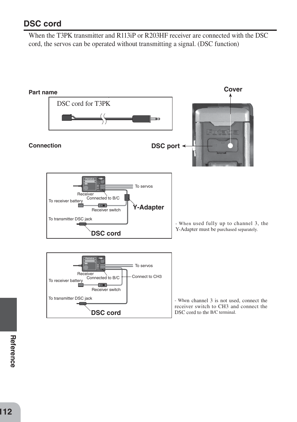 Dsc cord, Refer e nce, Dsc cord for t3pk | Dsc port dsc cord, Y-adapter, Cover | Futaba 3PKS User Manual | Page 112 / 116