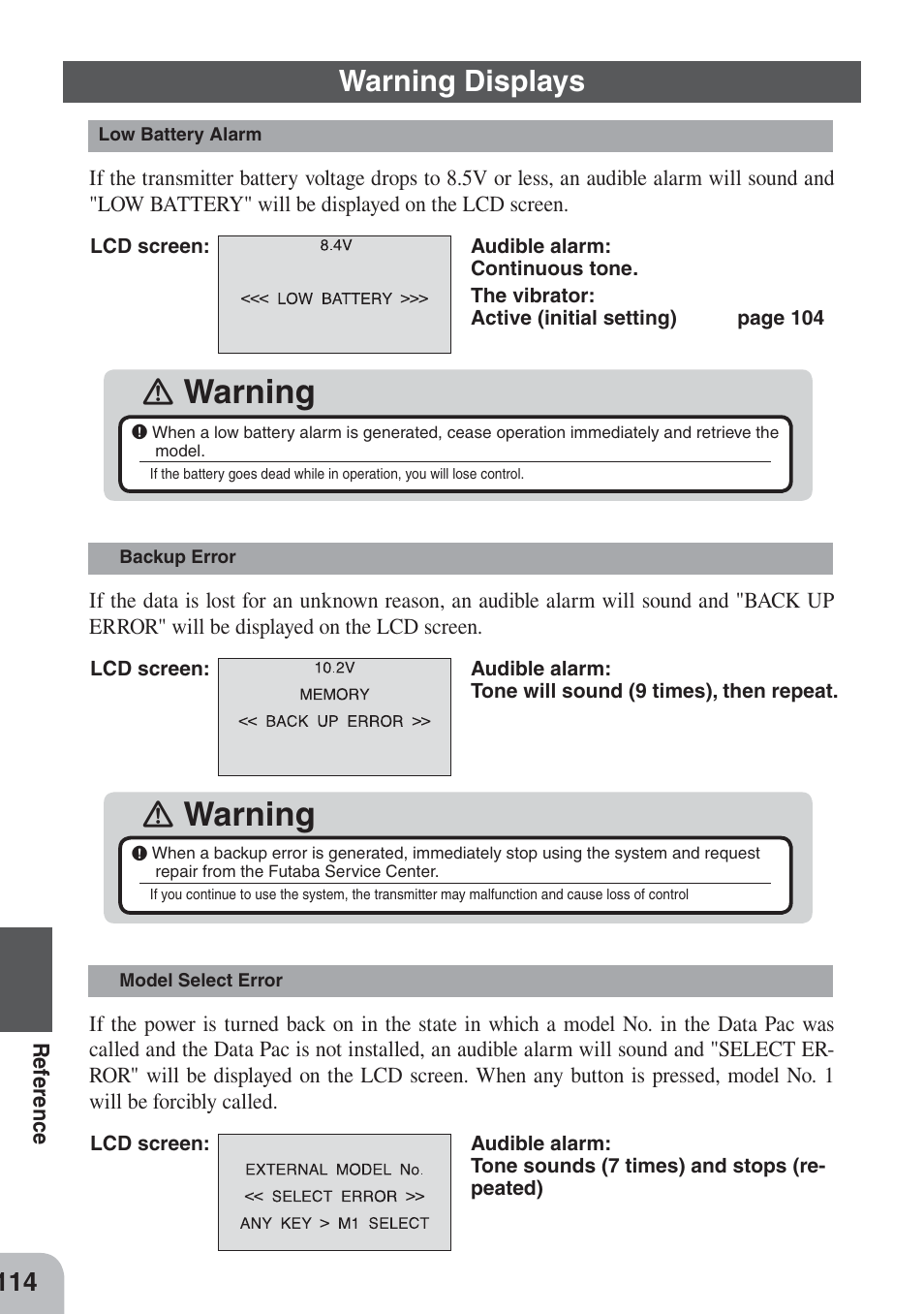 Ｉ warning, Warning displays | Futaba 3PKS User Manual | Page 114 / 116