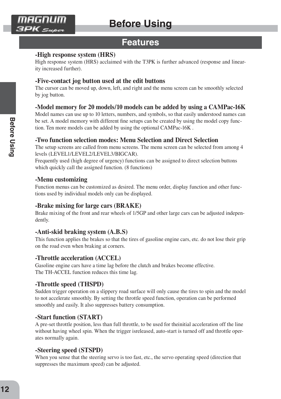 Before using, Features | Futaba 3PKS User Manual | Page 12 / 116