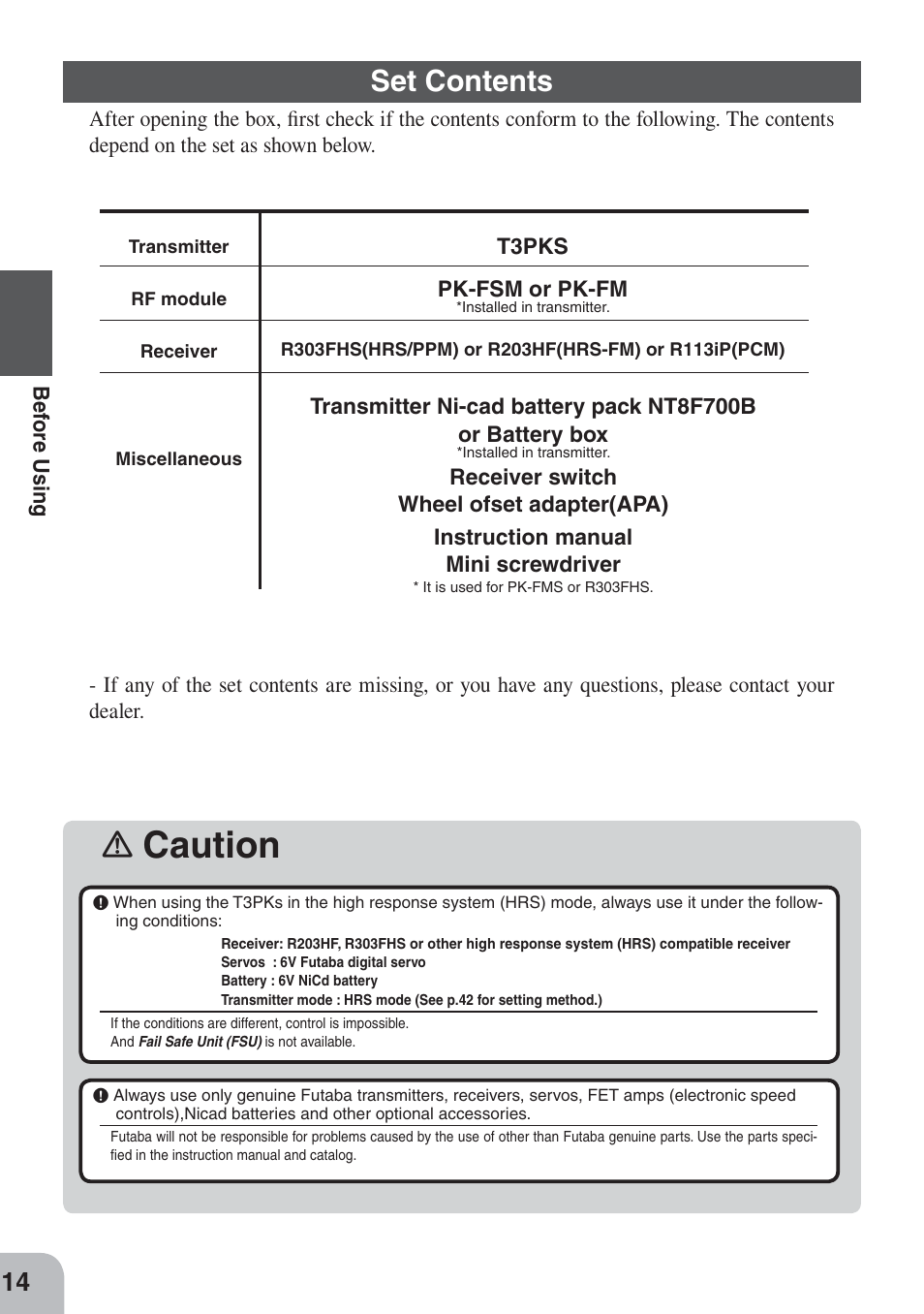 Caution, Set contents | Futaba 3PKS User Manual | Page 14 / 116