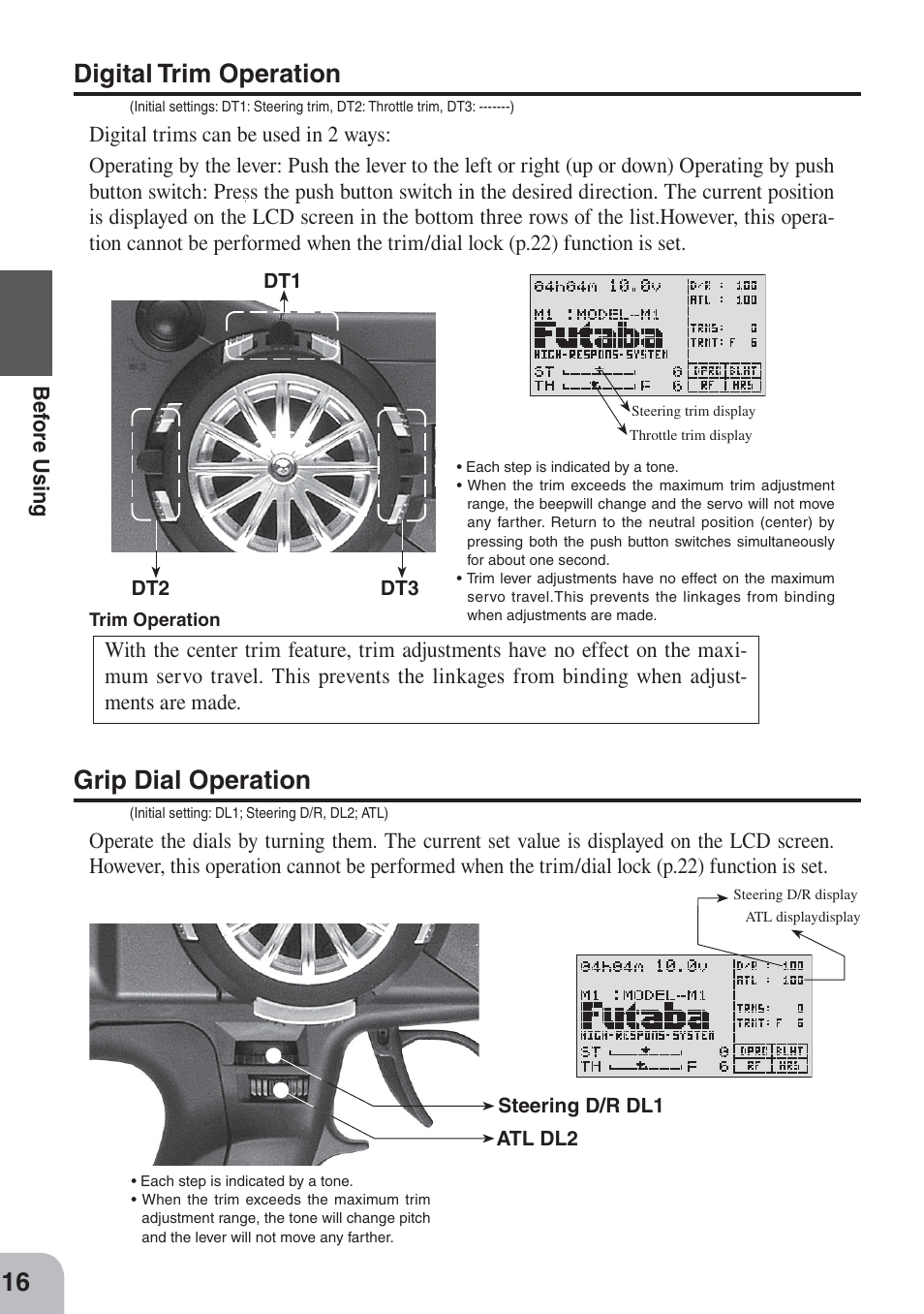 Digital trim operation, Grip dial operation | Futaba 3PKS User Manual | Page 16 / 116