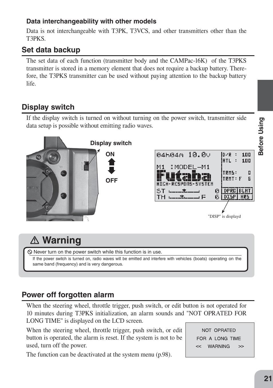Ｉ warning, Set data backup, Display switch | Power off forgotten alarm | Futaba 3PKS User Manual | Page 21 / 116
