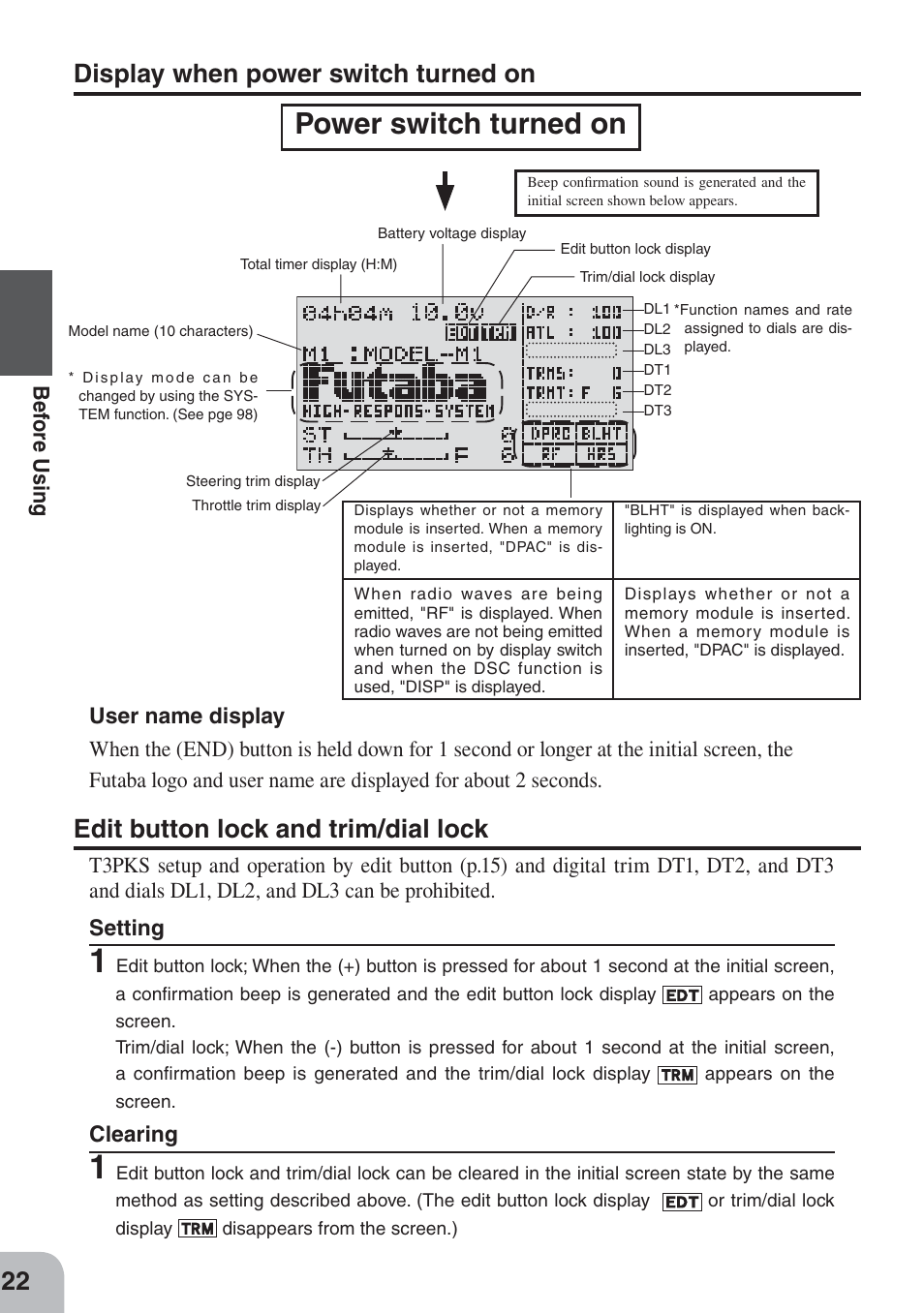 Power switch turned on, Display when power switch turned on, Edit button lock and trim/dial lock | Futaba 3PKS User Manual | Page 22 / 116