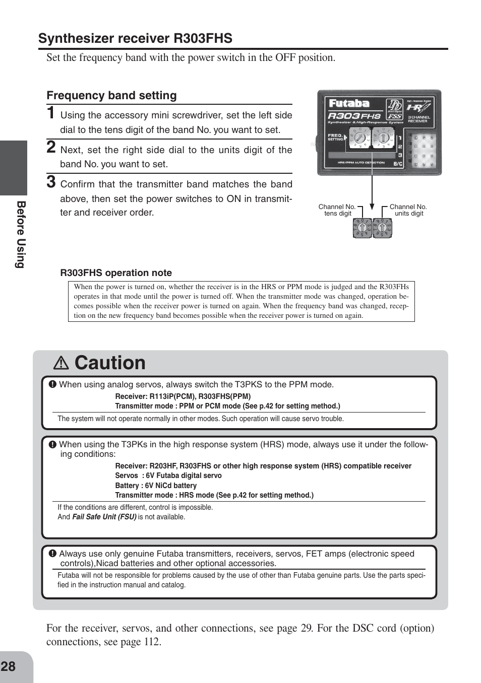 Caution, Synthesizer receiver r303fhs, Be fo re using | Futaba 3PKS User Manual | Page 28 / 116