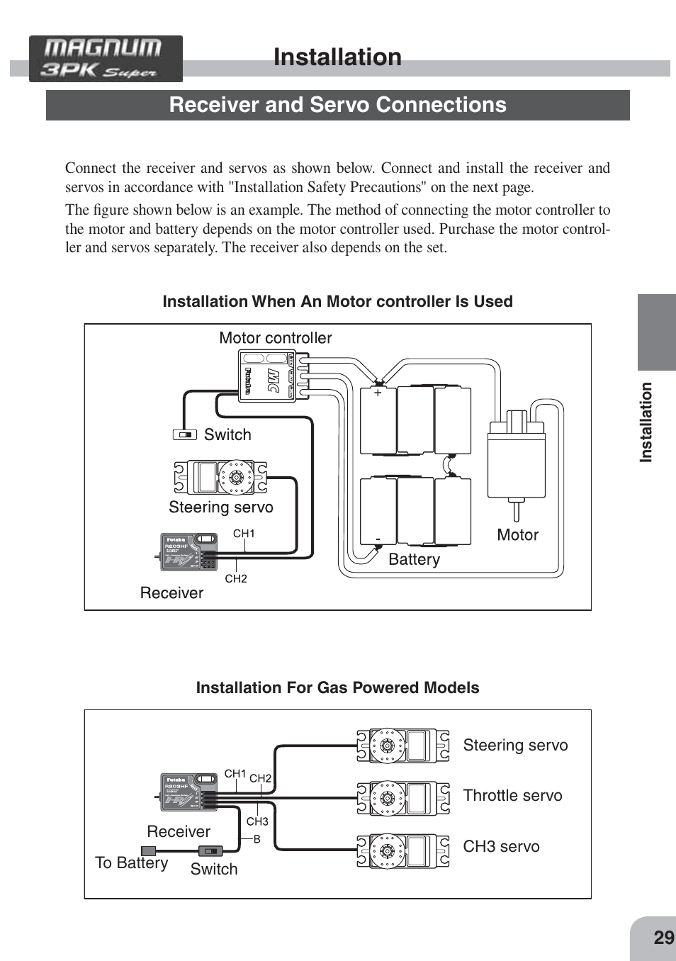 Installation, Receiver and servo connections | Futaba 3PKS User Manual | Page 29 / 116