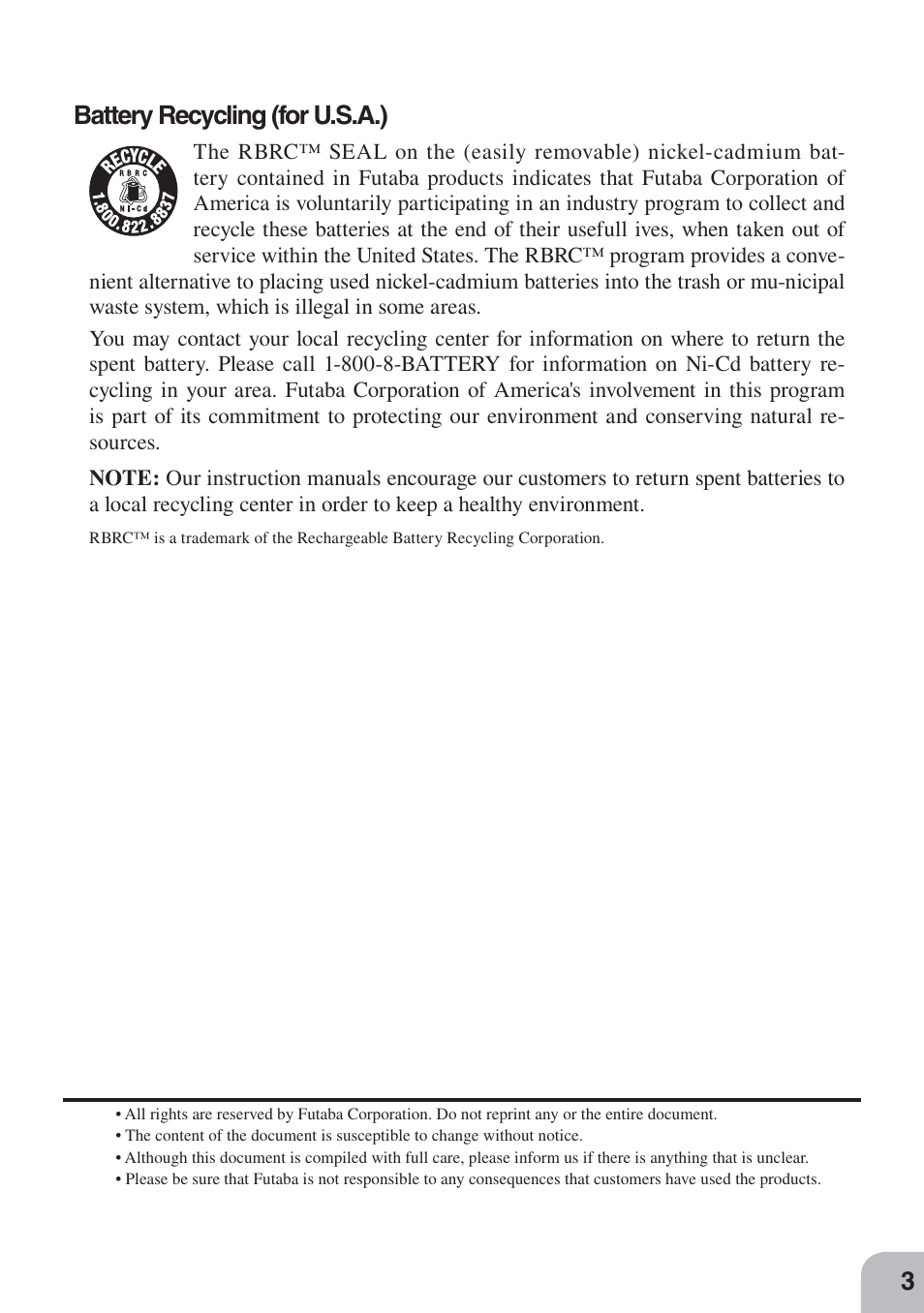 Battery recycling (for u.s.a.) | Futaba 3PKS User Manual | Page 3 / 116