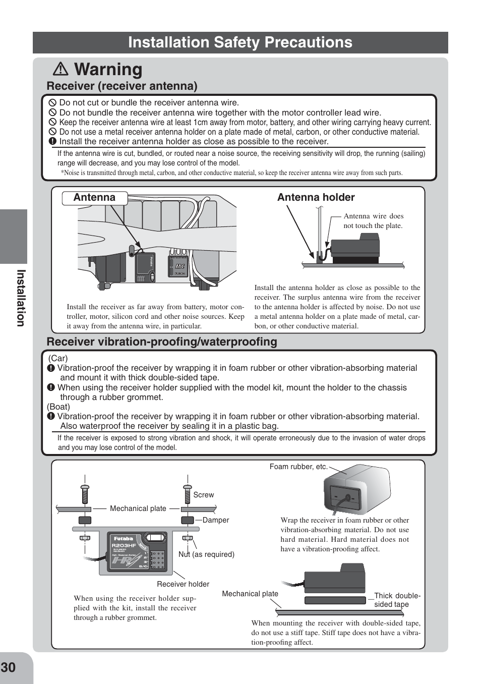 Ｉ warning, Installation safety precautions | Futaba 3PKS User Manual | Page 30 / 116