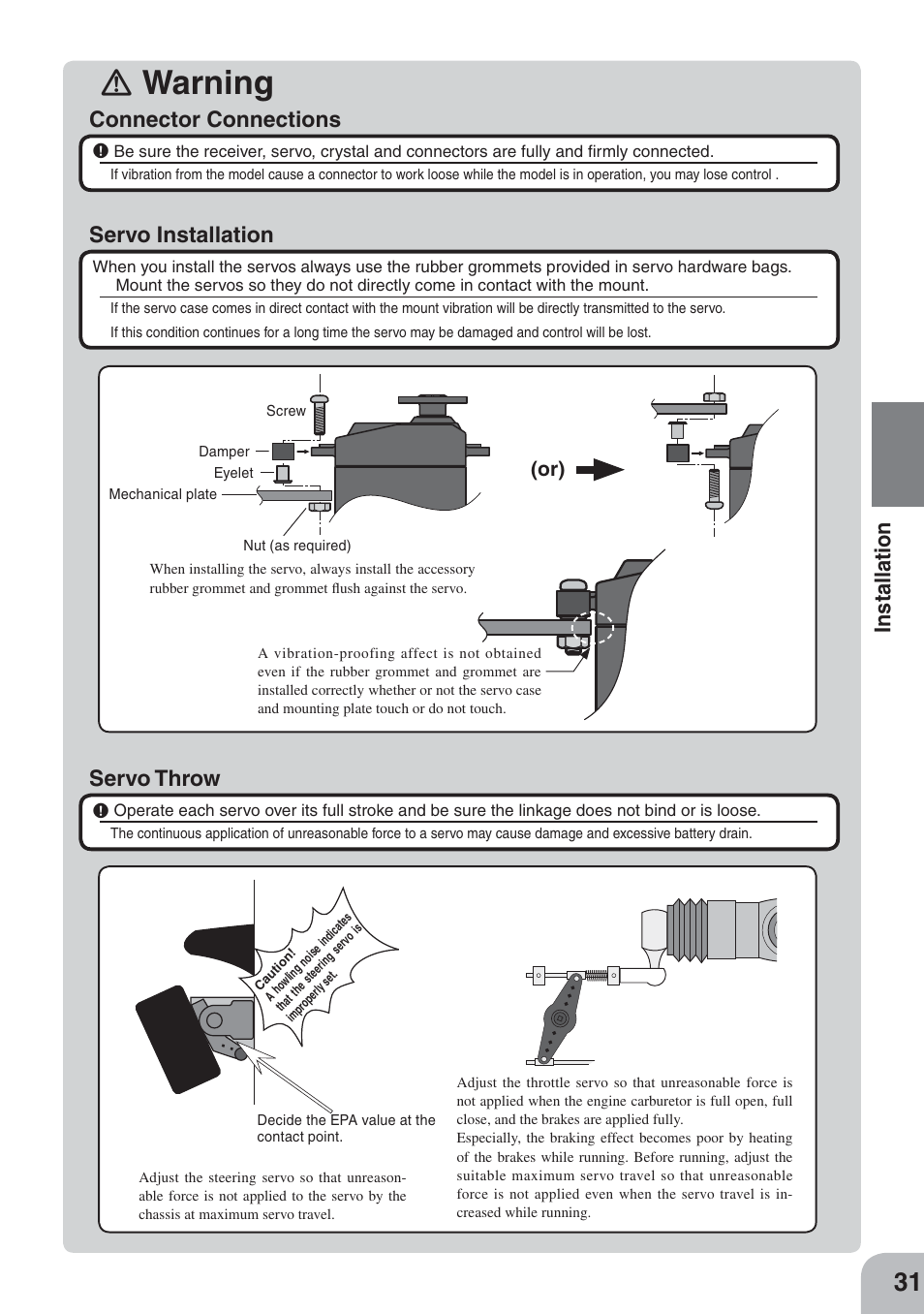 Ｉ warning, Servo throw | Futaba 3PKS User Manual | Page 31 / 116