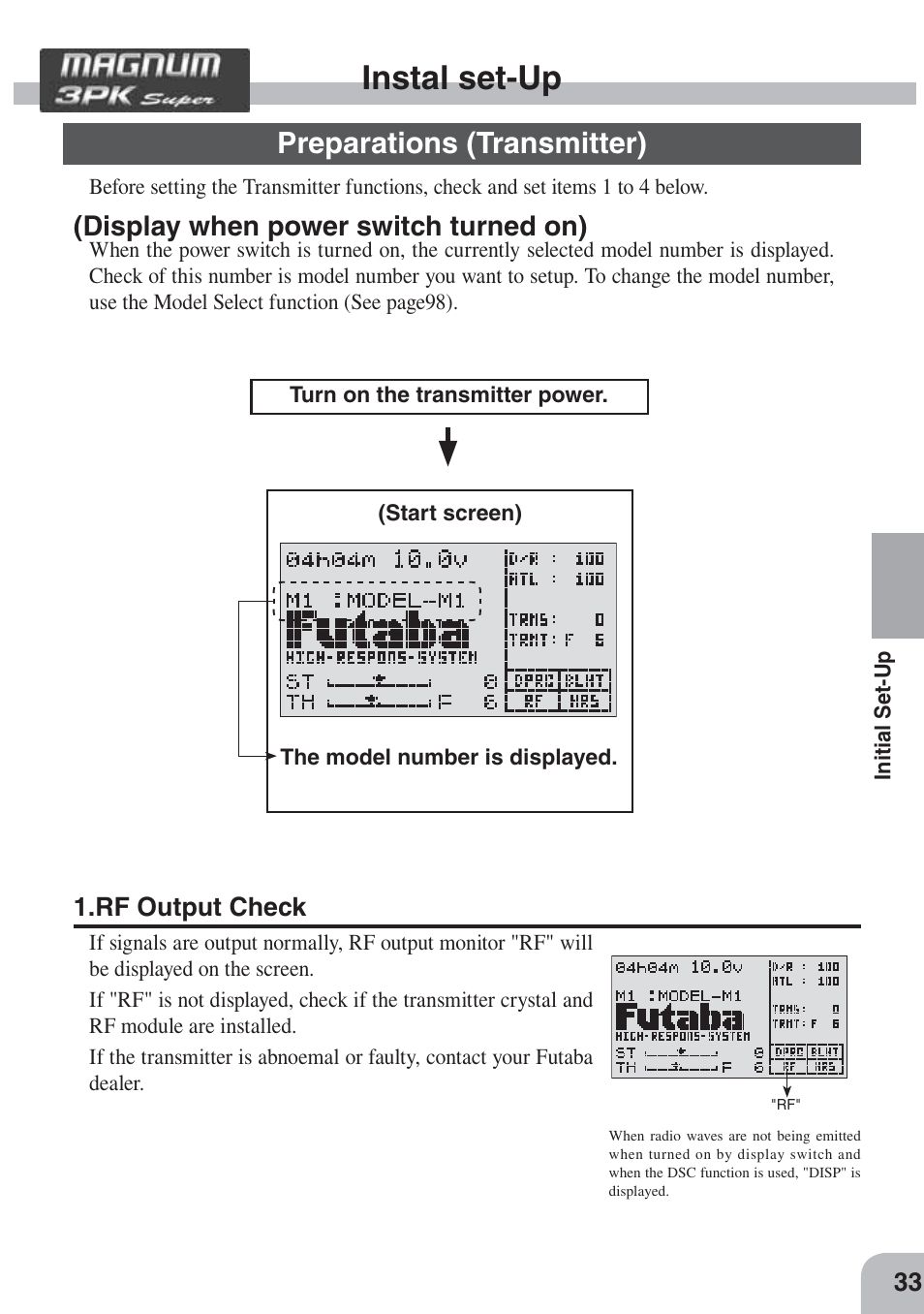 Instal set-up, Preparations (transmitter), Display when power switch turned on) | Futaba 3PKS User Manual | Page 33 / 116