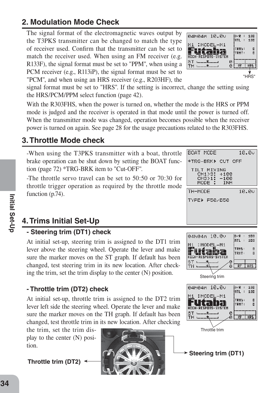 Trims initial set-up, Modulation mode check, Throttle mode check | Futaba 3PKS User Manual | Page 34 / 116