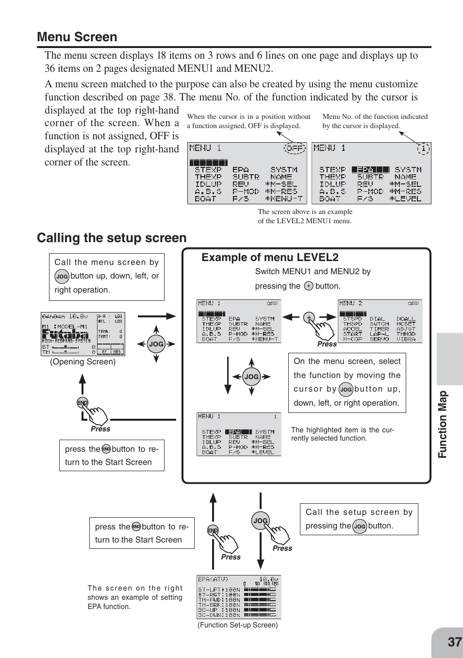 Menu screen, Calling the setup screen, Fu nction m a p | Example of menu level2 | Futaba 3PKS User Manual | Page 37 / 116