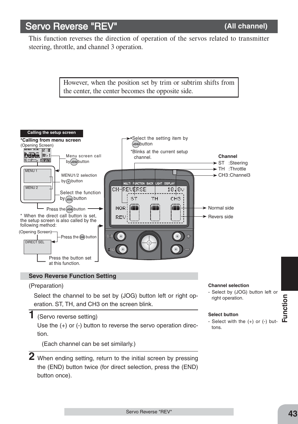 Servo reverse "rev, Fu nction | Futaba 3PKS User Manual | Page 43 / 116