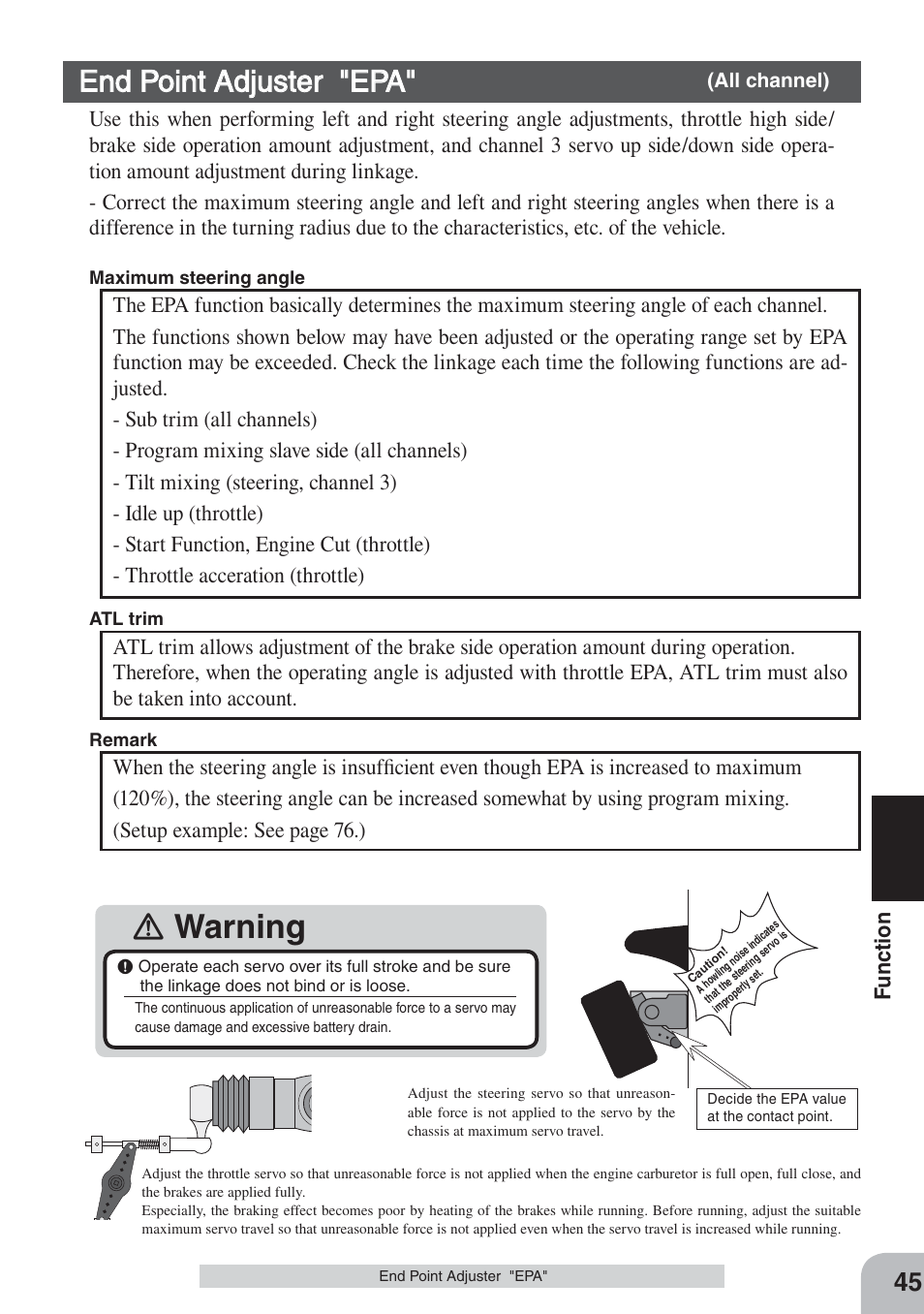 Ｉ warning, End point adjuster "epa, Fu nction | Futaba 3PKS User Manual | Page 45 / 116