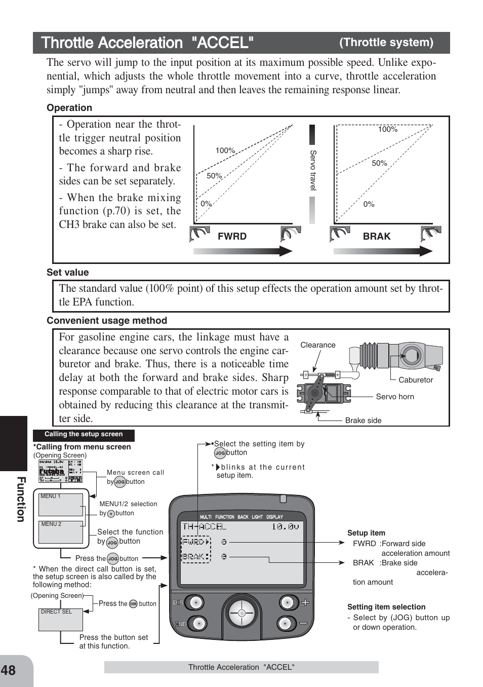 Throttle acceleration "accel, Fu nction | Futaba 3PKS User Manual | Page 48 / 116