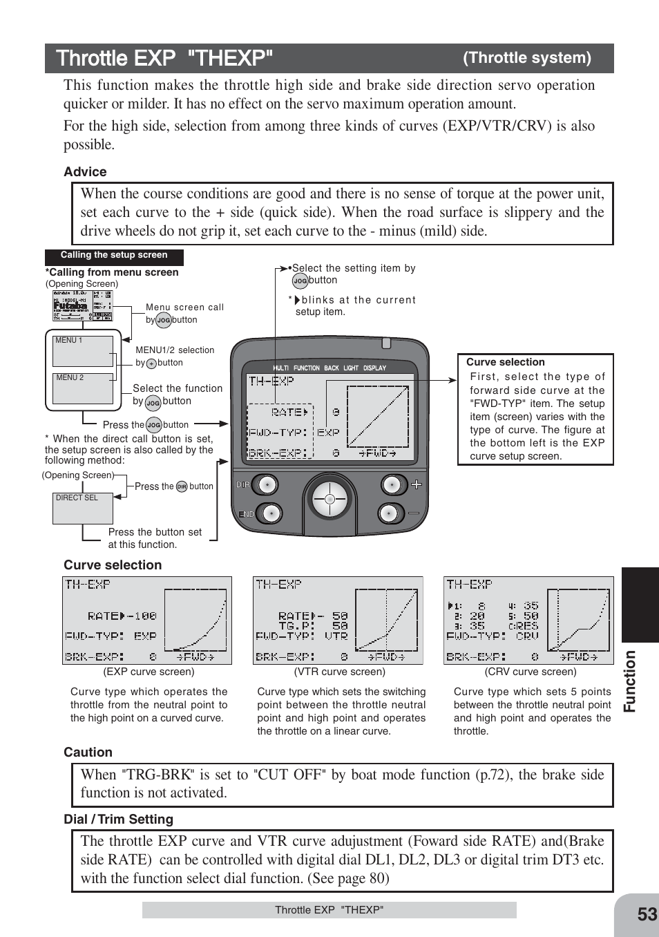 Throttle exp "thexp, Fu nction, When | Trg-brk, Is set to, Cut off | Futaba 3PKS User Manual | Page 53 / 116