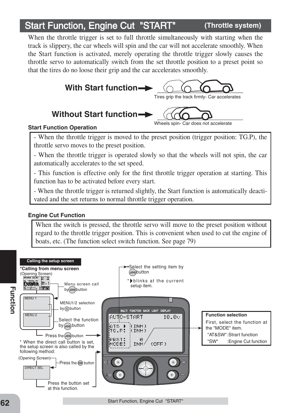 Start function, engine cut "start, Without start function with start function 62, Fu nction | Futaba 3PKS User Manual | Page 62 / 116