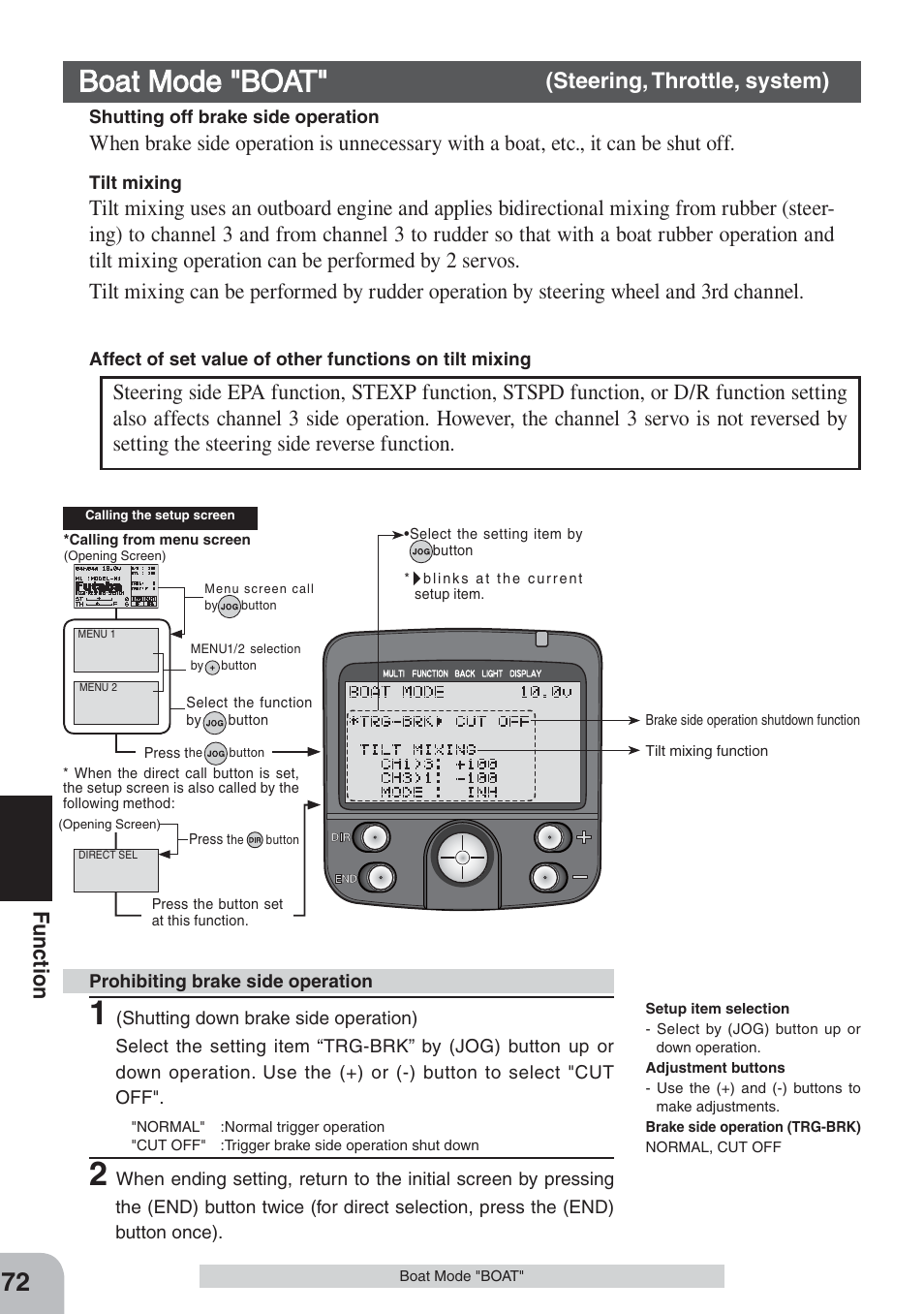 Boat mode "boat, Fu nction, Steering, throttle, system) | Futaba 3PKS User Manual | Page 72 / 116