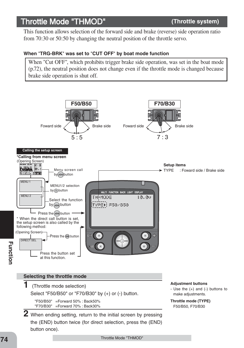 Throttle mode "thmod, Fu nction, Throttle system) | Futaba 3PKS User Manual | Page 74 / 116