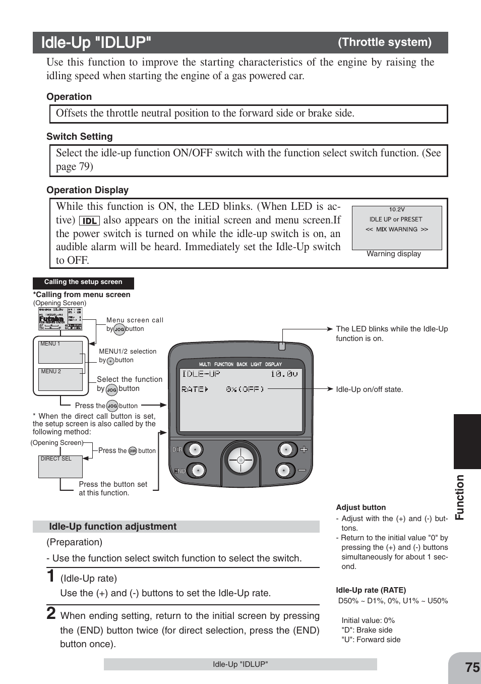 Idle-up "idlup, Fu nction, Throttle system) | Futaba 3PKS User Manual | Page 75 / 116