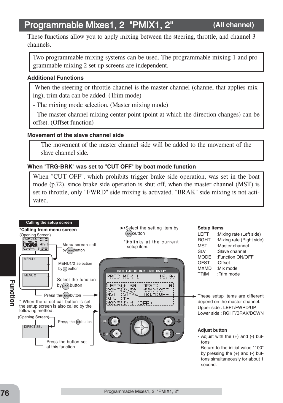 Programmable mixes1, 2 "pmix1, 2, Fu nction, All channel) | Futaba 3PKS User Manual | Page 76 / 116