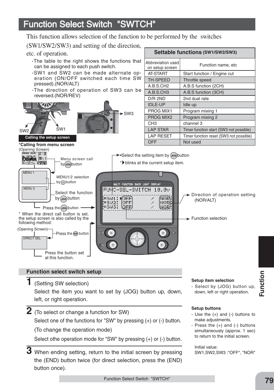 Function select switch "swtch, Fu nction | Futaba 3PKS User Manual | Page 79 / 116