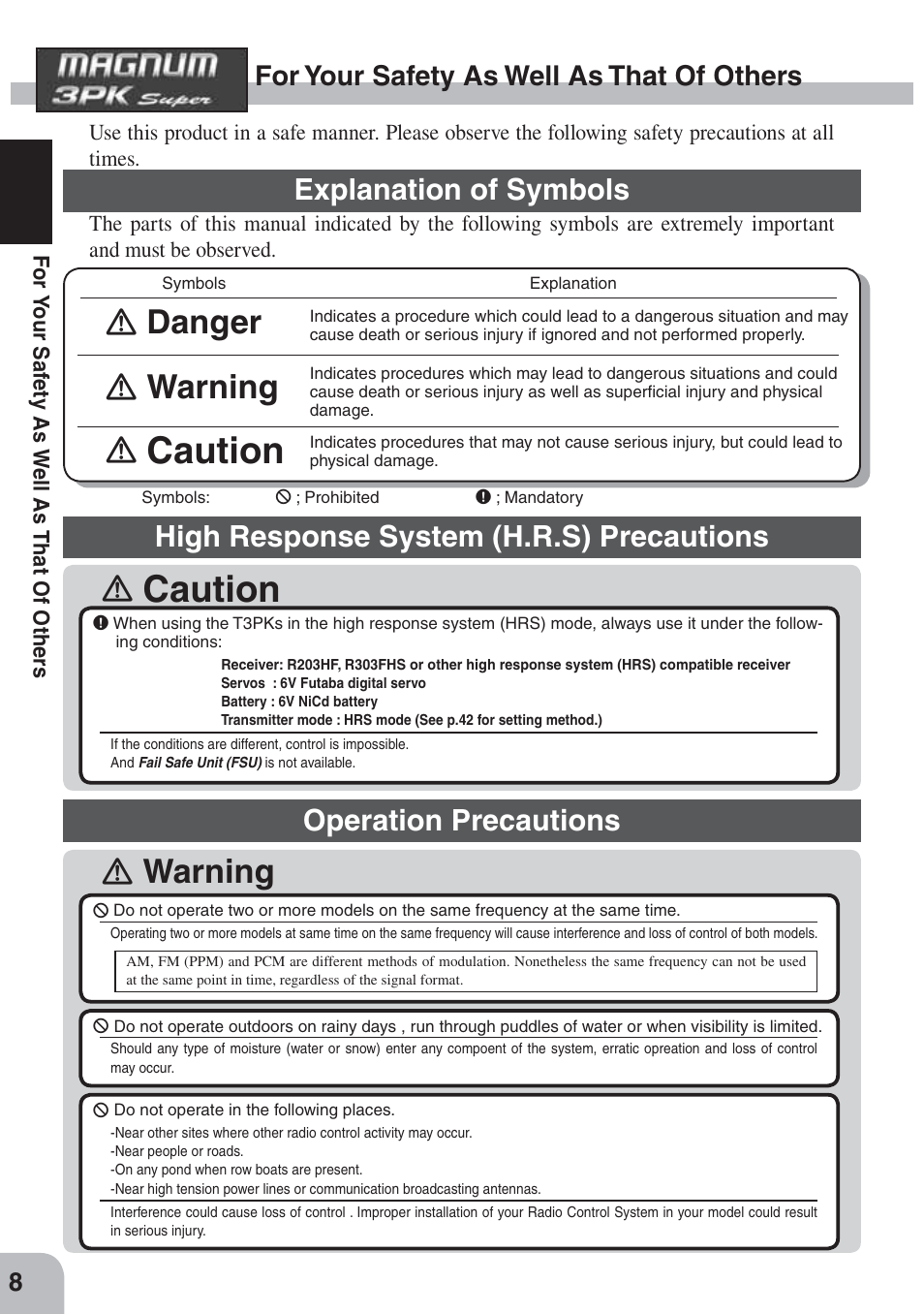 Caution, Ｉ warning, Ｉ danger | Ｉ warning ｉ, Operation precautions, For your safety as well as that of others | Futaba 3PKS User Manual | Page 8 / 116