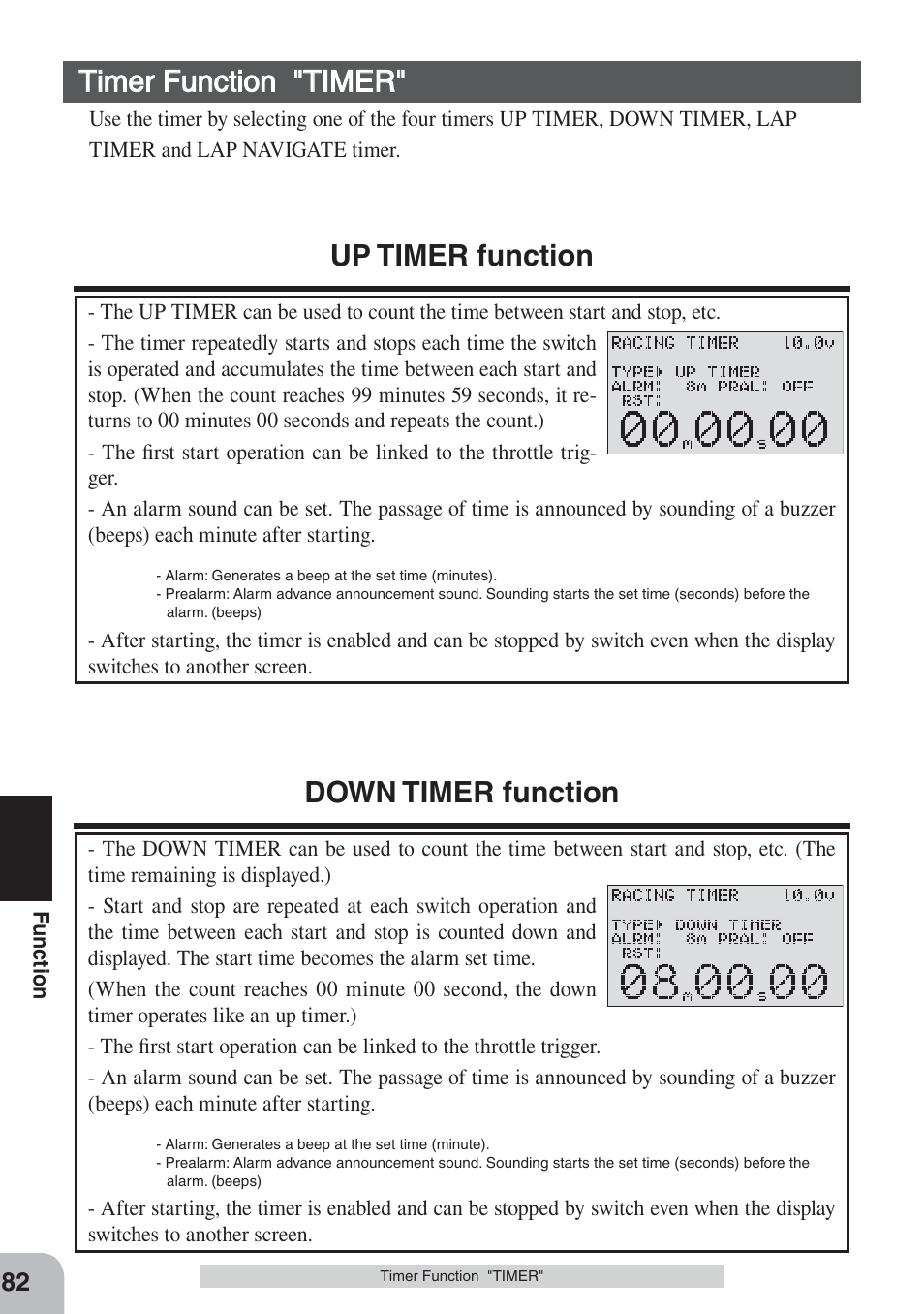 Timer function "timer, Up timer function, Down timer function | Futaba 3PKS User Manual | Page 82 / 116