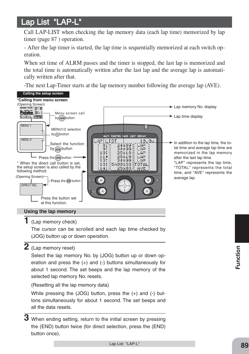 Lap list "lap-l, Fu nction | Futaba 3PKS User Manual | Page 89 / 116