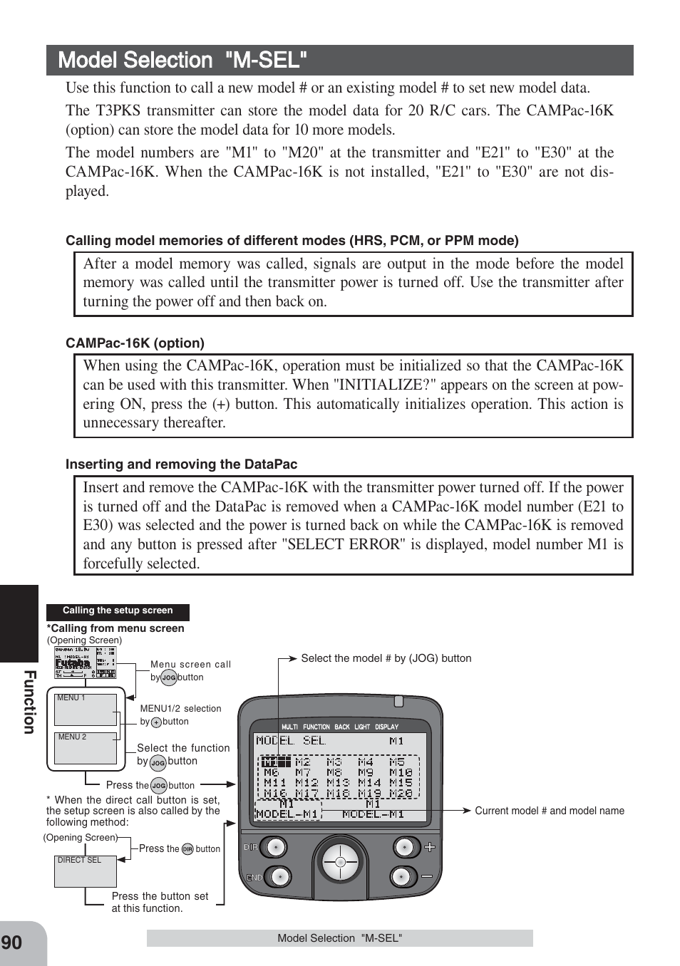 Model selection "m-sel, Fu nction | Futaba 3PKS User Manual | Page 90 / 116