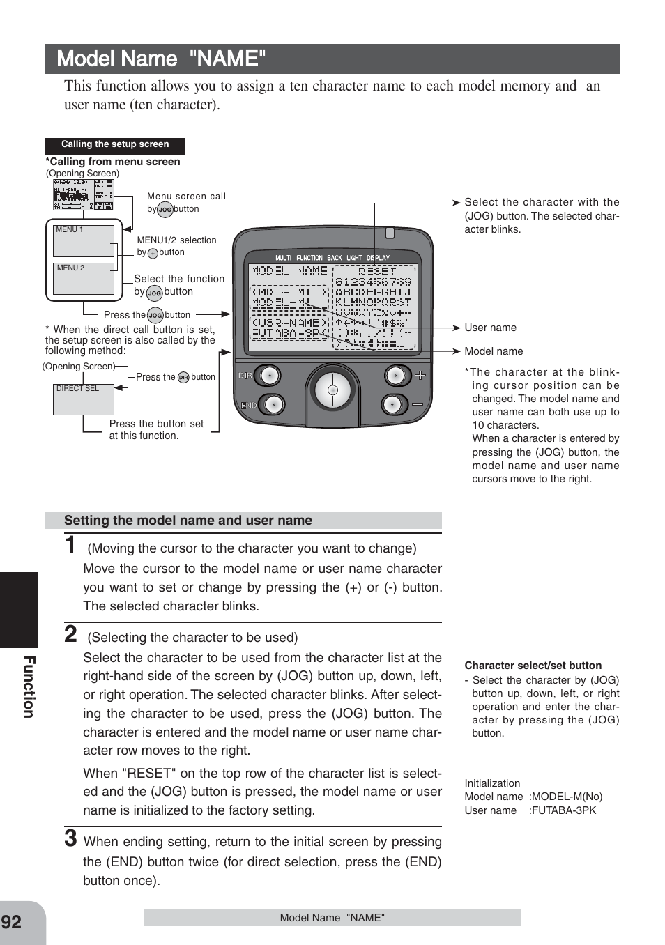 Model name "name, Fu nction | Futaba 3PKS User Manual | Page 92 / 116