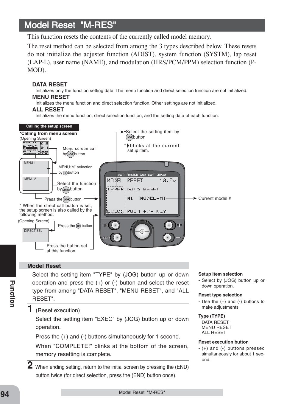 Model reset "m-res, Fu nction | Futaba 3PKS User Manual | Page 94 / 116