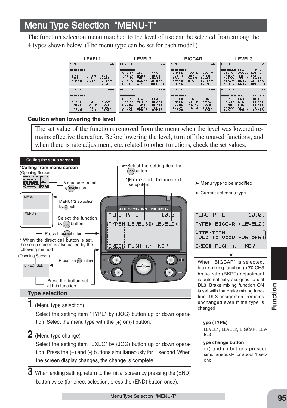 Menu type selection "menu-t, Fu nction | Futaba 3PKS User Manual | Page 95 / 116