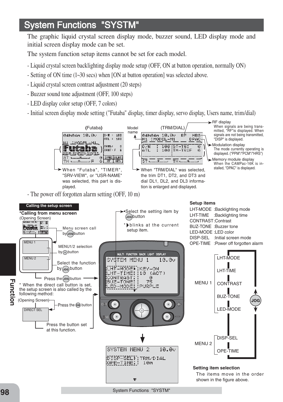 System functions "systm, Fu nction | Futaba 3PKS User Manual | Page 98 / 116