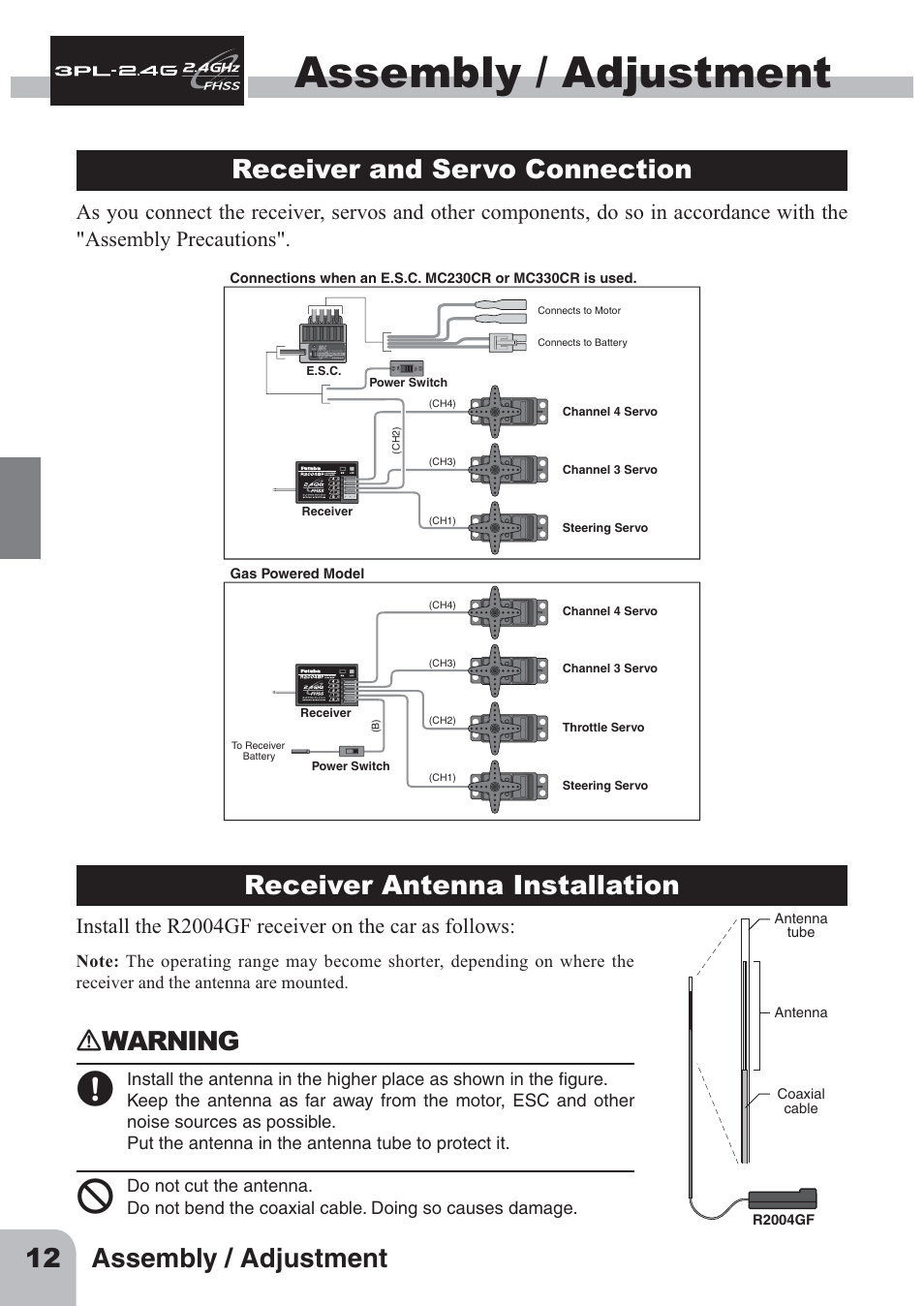 Assembly / adjustment, 12 assembly / adjustment, Receiver and servo connection | Receiver antenna installation, Ｎwarning, Install the r2004gf receiver on the car as follows | Futaba 3PL 2.4GHz FHSS User Manual | Page 12 / 28