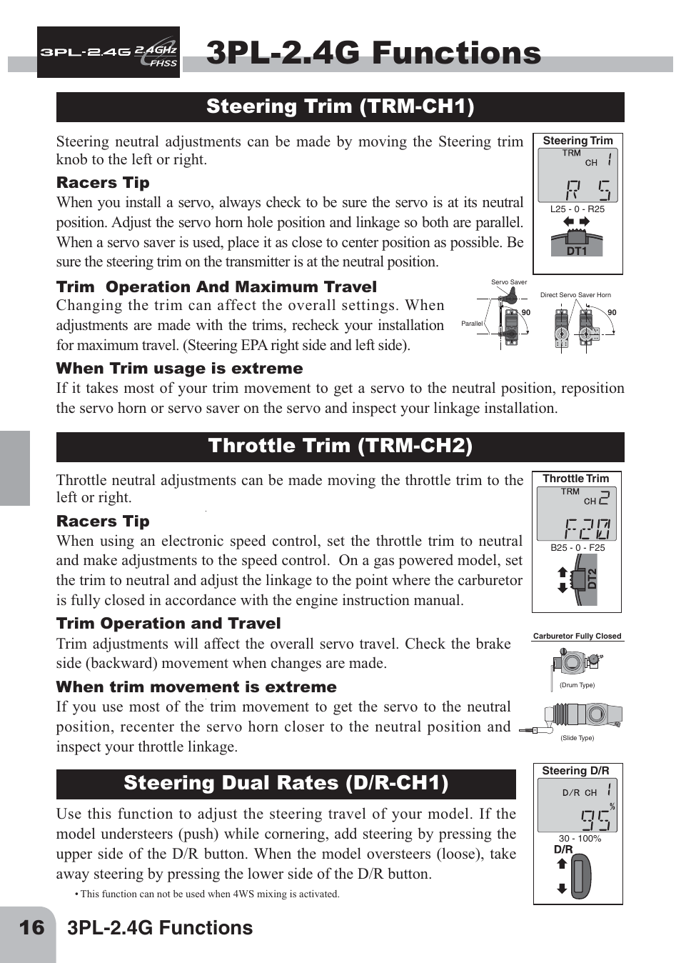 3pl-2.4g functions, Steering trim (trm-ch1), Throttle trim (trm-ch2) | Steering dual rates (d/r-ch1) | Futaba 3PL 2.4GHz FHSS User Manual | Page 16 / 28