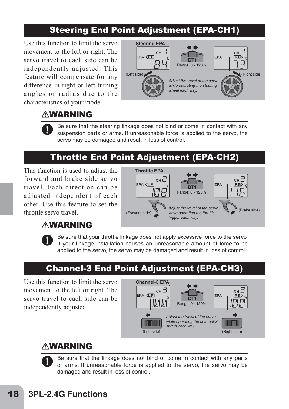 Ｎwarning, Throttle end point adjustment (epa-ch2) | Futaba 3PL 2.4GHz FHSS User Manual | Page 18 / 28