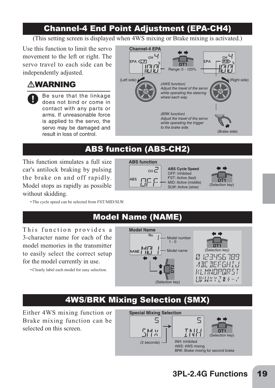 Ｎwarning, Abs function (abs-ch2), Model name (name) | 4ws/brk mixing selection (smx) | Futaba 3PL 2.4GHz FHSS User Manual | Page 19 / 28