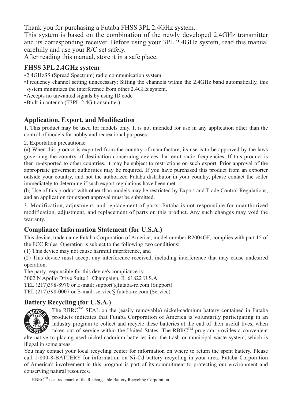 Application, export, and modiﬁcation, Compliance information statement (for u.s.a.), Battery recycling (for u.s.a.) | Futaba 3PL 2.4GHz FHSS User Manual | Page 2 / 28