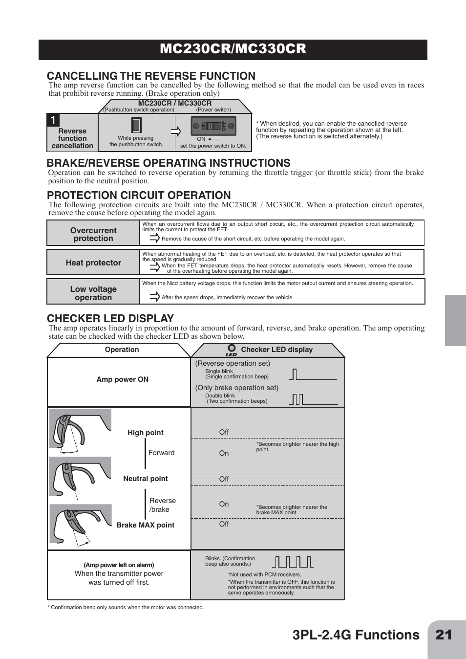 Brake/reverse operating instructions, Cancelling the reverse function, Checker led display | Protection circuit operation | Futaba 3PL 2.4GHz FHSS User Manual | Page 21 / 28