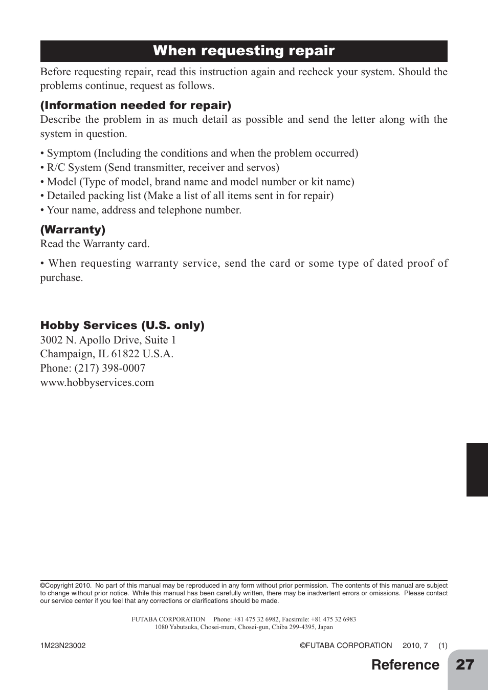27 reference, When requesting repair | Futaba 3PL 2.4GHz FHSS User Manual | Page 27 / 28