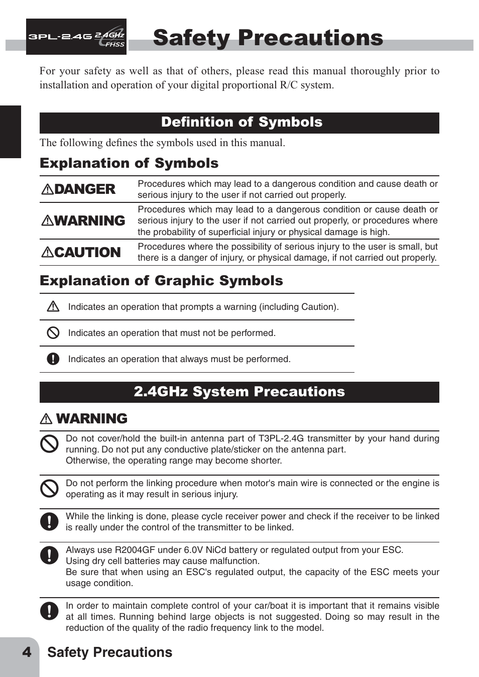 Safety precautions | Futaba 3PL 2.4GHz FHSS User Manual | Page 4 / 28