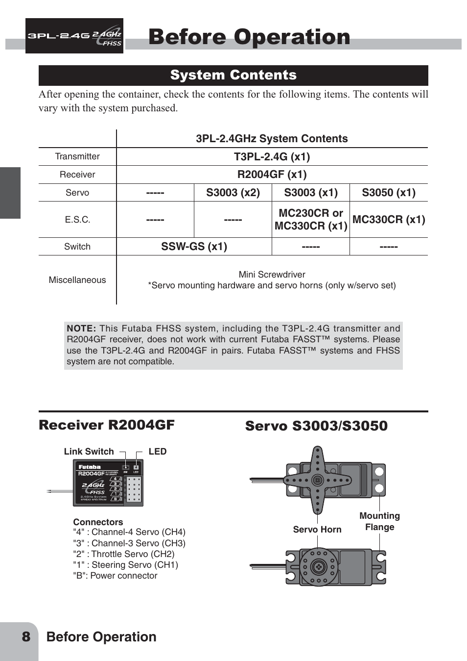 Before operation, 8before operation, System contents | Futaba 3PL 2.4GHz FHSS User Manual | Page 8 / 28