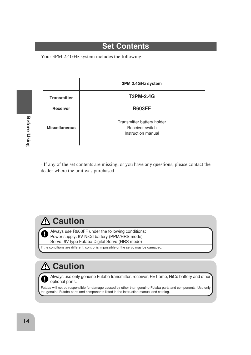 Caution, Set contents | Futaba 3PM 2.4GHz User Manual | Page 13 / 60